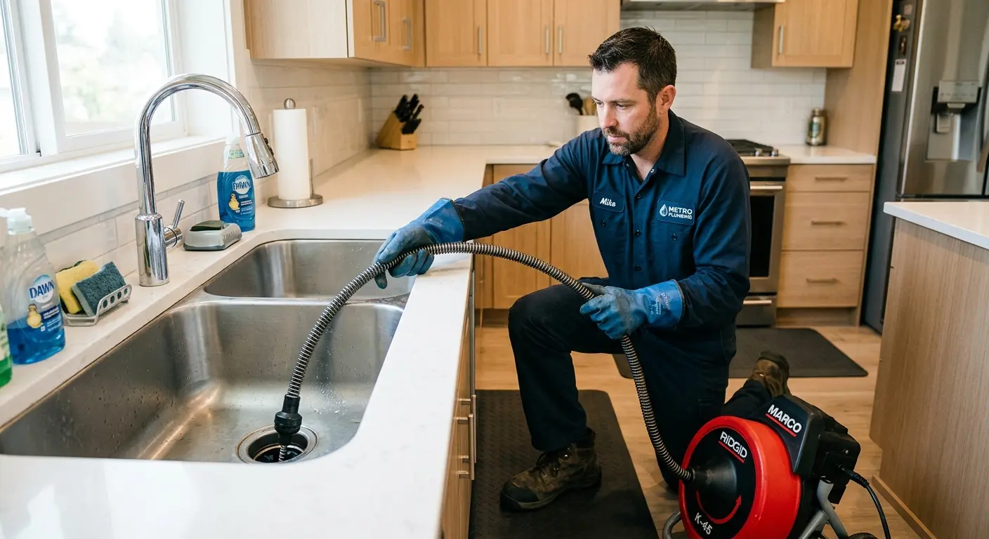 Drain cleaning technician using a motorized snake on a kitchen sink in Tuskegee