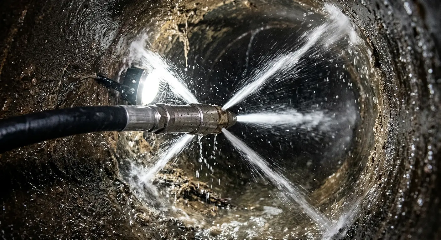 High-pressure hydro jetting nozzle cleaning sewer pipe for Storm Drain Cleaning in Tuskegee