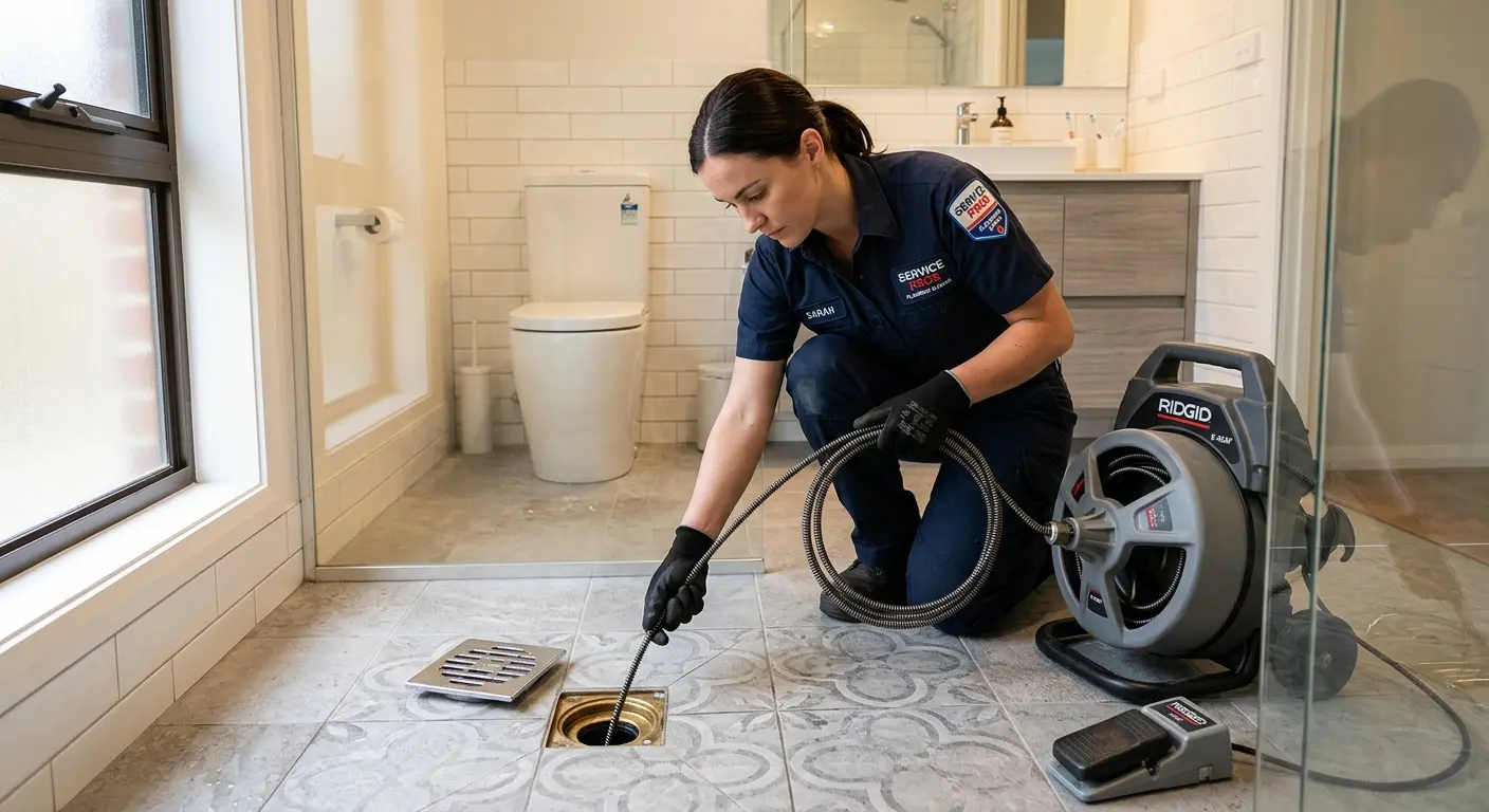 Technician clearing a bathroom floor drain for Sewer Line Replacement in Tuskegee